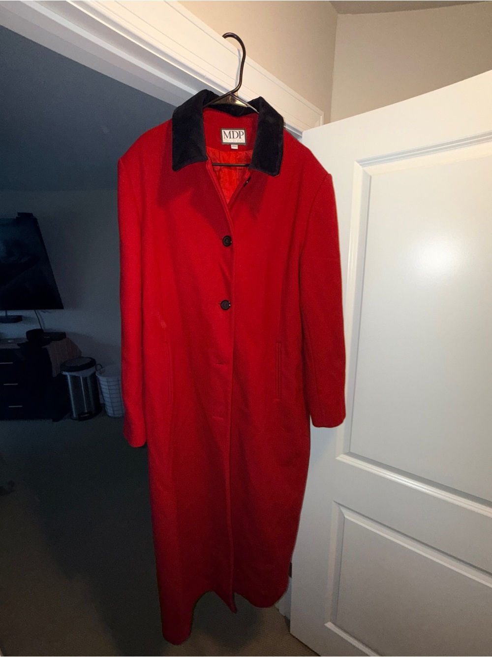 Red Long Trench Coat with Black Collar